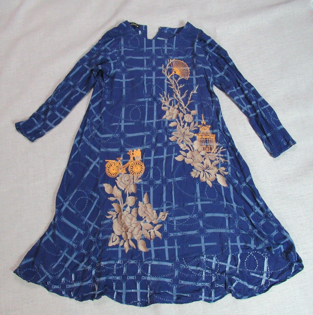 Limelight Dress Womens Medium Blue Kurta Floral Boho Embroidered Tunic Graphic